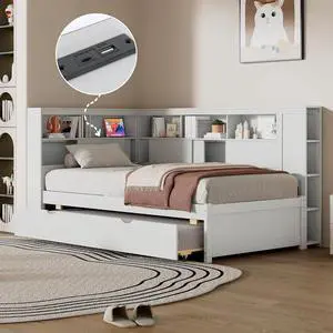 Twin Size Wood Daybed with Storage Shelves, USB Port, and Trundle - Versatile Bed Frame for Bedroom, Living Room, and Guest Room Twin Size Wood Daybed with Storage Shelves, USB Port, and Trundle - Versatile Bed Frame for Bedroom, Living Room, and Guest Room