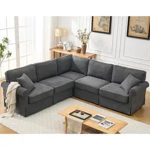 Modular Sectional Sofa Set, 5-Seat Convertible L-Shaped Couch, Reversible Sectional Sofa, Upholstered Corner Sofa with Rolled Arms, Soft Linen Fabric Comfortable Living Room Sofa Modular Sectional Sofa Set, 5-Seat Convertible L-Shaped Couch, Reversible Sectional Sofa, Upholstered Corner Sofa with Rolled Arms, Soft Linen Fabric Comfortable Living Room Sofa