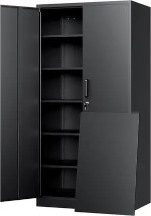 72"H Metal Storage Cabinets, Tall Locking Garage Cabinet with 2 Doors and 5 Adjustable Shelves, Steel Utility Tool Caninet, Black Lockable Outdoor Storage Cabnet for Pantry, Garage, Home Office 72"H Metal Storage Cabinets, Tall Locking Garage Cabinet with 2 Doors and 5 Adjustable Shelves, Steel Utility Tool Caninet, Black Lockable Outdoor Storage Cabnet for Pantry, Garage, Home Office
