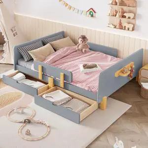 Full Wood Platform Bed with Storage Drawers, Solid Wooden Bedframe with Guardrail, Modern Girl Boys Bed with Small Shelf and Hanging Hooks for Living Room, Bedroom, Guest Room, Dorm, Gray Full Wood Platform Bed with Storage Drawers, Solid Wooden Bedframe with Guardrail, Modern Girl Boys Bed with Small Shelf and Hanging Hooks for Living Room, Bedroom, Guest Room, Dorm, Gray