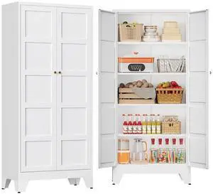 71" Tall Kitchen Cabinet Storage Unit With 2 Doors and 4 Adjustable Shelves, Metal White Freestanding Cupboard, 5 Tier Kitchen Pantry Storage Cabinet for Kitchen Dining/Living Room/Garage/Home/Office 71" Tall Kitchen Cabinet Storage Unit With 2 Doors and 4 Adjustable Shelves, Metal White Freestanding Cupboard, 5 Tier Kitchen Pantry Storage Cabinet for Kitchen Dining/Living Room/Garage/Home/Office