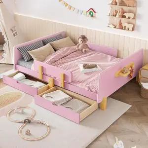 Full Wood Platform Bed with Storage Drawers, Solid Wooden Bedframe with Guardrail, Modern Girl Boys Bed with Small Shelf and Hanging Hooks for Living Room, Bedroom, Guest Room, Dorm, Pink Full Wood Platform Bed with Storage Drawers, Solid Wooden Bedframe with Guardrail, Modern Girl Boys Bed with Small Shelf and Hanging Hooks for Living Room, Bedroom, Guest Room, Dorm, Pink