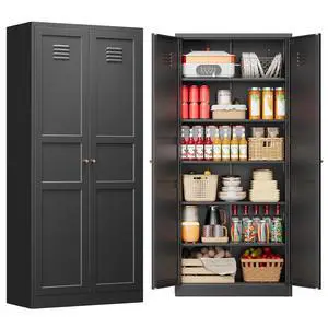 71" Tall Kitchen Pantry Storage Cabinet with 2 Doors and 5 Adjustable Shelve, Metal Black Food Pantry Cabinet, Kitchen Cabinet Storage Unit,6 Tier Freestanding Cupboard for Kitchen Dining/Living Room 71" Tall Kitchen Pantry Storage Cabinet with 2 Doors and 5 Adjustable Shelve, Metal Black Food Pantry Cabinet, Kitchen Cabinet Storage Unit,6 Tier Freestanding Cupboard for Kitchen Dining/Living Room