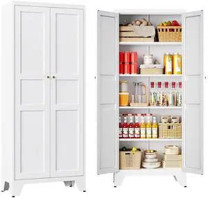 72" Tall Kitchen Cabinet Storage Unit With 2 Doors and 4 Adjustable Shelve, Metal White Freestanding Cupboard, 5 Tier Kitchen Pantry Storage Cabinet for Kitchen Dining/Living Room/Garage/Home/Office 72" Tall Kitchen Cabinet Storage Unit With 2 Doors and 4 Adjustable Shelve, Metal White Freestanding Cupboard, 5 Tier Kitchen Pantry Storage Cabinet for Kitchen Dining/Living Room/Garage/Home/Office