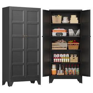 71" Tall Kitchen Cabinet Storage Unit With 2 Doors and 4 Adjustable Shelves, Metal Black Freestanding Cupboard, 5 Tier Kitchen Pantry Storage Cabinet for Kitchen Dining/Living Room/Garage/Home/Office 71" Tall Kitchen Cabinet Storage Unit With 2 Doors and 4 Adjustable Shelves, Metal Black Freestanding Cupboard, 5 Tier Kitchen Pantry Storage Cabinet for Kitchen Dining/Living Room/Garage/Home/Office
