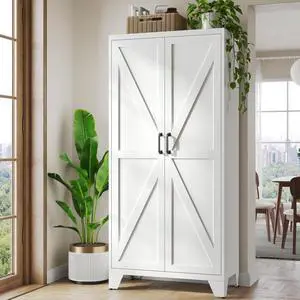 Metal White Storage Cabinet with 2 Doors and 4 Adjustable Shelves,72" Tall Kitchen Pantry cabinets,Farmhouse Food Pantry Cabinet,5 Tier Freestanding Barn Door Cupboard for Kitchen Dining/Living Room Metal White Storage Cabinet with 2 Doors and 4 Adjustable Shelves,72" Tall Kitchen Pantry cabinets,Farmhouse Food Pantry Cabinet,5 Tier Freestanding Barn Door Cupboard for Kitchen Dining/Living Room