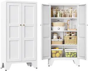Metal White Storage Cabinet with 2 Doors and 3 Adjustable Shelves, 47.3" Tall Kitchen Pantry cabinets, Modern Food Pantry Cabinet,4 Tier Freestanding Framed Panel Door Cupboard for Kitchen Dining Room Metal White Storage Cabinet with 2 Doors and 3 Adjustable Shelves, 47.3" Tall Kitchen Pantry cabinets, Modern Food Pantry Cabinet,4 Tier Freestanding Framed Panel Door Cupboard for Kitchen Dining Room