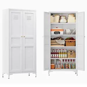 61" Tall Kitchen Pantry Storage Cabinet with 2 Doors and 4 Adjustable Shelve, Metal White Food Pantry Cabinet, Kitchen Cabinet Storage Unit,5 Tier Freestanding Cupboard for Kitchen Dining/Living Room 61" Tall Kitchen Pantry Storage Cabinet with 2 Doors and 4 Adjustable Shelve, Metal White Food Pantry Cabinet, Kitchen Cabinet Storage Unit,5 Tier Freestanding Cupboard for Kitchen Dining/Living Room