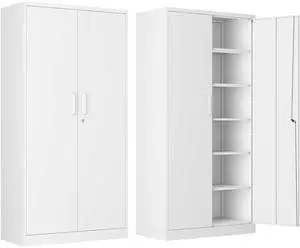 Metal Storage Cabinet with Lock, 71" White Garage Cabinets with 2 Doors and 5 Adjustable Shelves, Steel Locking Caninets Tall Tool Utility Caninet, Lockable File Cabnet for Home Office, Pantry Metal Storage Cabinet with Lock, 71" White Garage Cabinets with 2 Doors and 5 Adjustable Shelves, Steel Locking Caninets Tall Tool Utility Caninet, Lockable File Cabnet for Home Office, Pantry