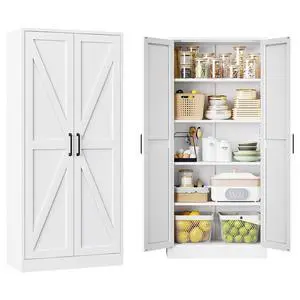 Metal White Storage Cabinet with 2 Doors and 4 Adjustable Shelve, 61" Tall Kitchen Pantry cabinets, Farmhouse Food Pantry Cabinet,5 Tier Freestanding Barn Door Cupboard for Kitchen Dining/Living Room Metal White Storage Cabinet with 2 Doors and 4 Adjustable Shelve, 61" Tall Kitchen Pantry cabinets, Farmhouse Food Pantry Cabinet,5 Tier Freestanding Barn Door Cupboard for Kitchen Dining/Living Room