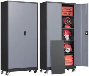 Metal Garage Cabinets with Wheels 15.8" D x 31.5" W x 75" H-Black | Heavy Duty, Locable Metal Garage Cabinets with Wheels 15.8" D x 31.5" W x 75" H-Black | Heavy Duty, Locable