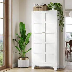 72" Tall Kitchen Cabinet Storage Unit With 2 Doors and 4 Adjustable Shelves, Metal White Freestanding Cupboard, 5 Tier Kitchen Pantry Storage Cabinet for Kitchen Dining/Living Room/Garage/Home/Office 72" Tall Kitchen Cabinet Storage Unit With 2 Doors and 4 Adjustable Shelves, Metal White Freestanding Cupboard, 5 Tier Kitchen Pantry Storage Cabinet for Kitchen Dining/Living Room/Garage/Home/Office