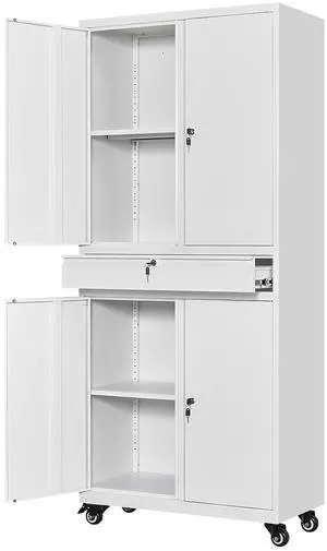 White Metal Storage Cabinet with Wheels, 73" Tall Garage Rolling Storage Cabinets with Doors and Shelves, Lockable Tool Caninet Steel Locking Cabnets for Home Office, Garage, Pantry White Metal Storage Cabinet with Wheels, 73" Tall Garage Rolling Storage Cabinets with Doors and Shelves, Lockable Tool Caninet Steel Locking Cabnets for Home Office, Garage, Pantry