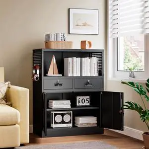 Storage Cabinet with Drawers, 41.3" Steel Lockable Storage Cabinets with Doors and Side Pegboard, Metal Cabinet for Garage, School, Home Office, Black Storage Cabinet with Drawers, 41.3" Steel Lockable Storage Cabinets with Doors and Side Pegboard, Metal Cabinet for Garage, School, Home Office, Black