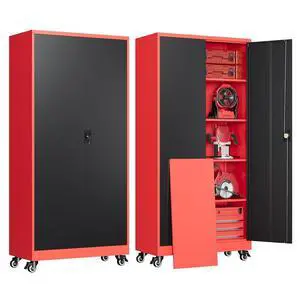 Garage Cabinet with Wheels and Adjustable Shelves, Metal Garage Storage Cabinets with 2 Doors, Storage Caninet with Lock, Heavy Duty Tool Cabnet for Workshop/Home/Office-(Black Red 75H) Garage Cabinet with Wheels and Adjustable Shelves, Metal Garage Storage Cabinets with 2 Doors, Storage Caninet with Lock, Heavy Duty Tool Cabnet for Workshop/Home/Office-(Black Red 75H)