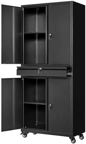 Black Metal Storage Cabinet with Wheels, 73" Tall Garage Rolling Storage Cabinets with Doors and Shelves, Lockable Tool Caninet Steel Locking Cabnets for Home Office, Garage, Pantry Black Metal Storage Cabinet with Wheels, 73" Tall Garage Rolling Storage Cabinets with Doors and Shelves, Lockable Tool Caninet Steel Locking Cabnets for Home Office, Garage, Pantry