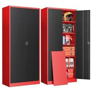 Metal Garage Storage Cabinets with Lock, 71" Tall Tool Cabinet with 2 Door and 5 Adjustable Shelves, Locking Garage Cabinets and Lockable Steel Locker for Home Office Warehouse-(Red Black-71H) Metal Garage Storage Cabinets with Lock, 71" Tall Tool Cabinet with 2 Door and 5 Adjustable Shelves, Locking Garage Cabinets and Lockable Steel Locker for Home Office Warehouse-(Red Black-71H)