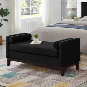 51" Bedroom Ottoman Bench with Rolled Pillows, Boucle Upholstered End of Bed Bench with Arms and Solid Wooden Foot, Comfort Padded Window Stool Entryway Footrest for Living Room, Apartment, Black 51" Bedroom Ottoman Bench with Rolled Pillows, Boucle Upholstered End of Bed Bench with Arms and Solid Wooden Foot, Comfort Padded Window Stool Entryway Footrest for Living Room, Apartment, Black
