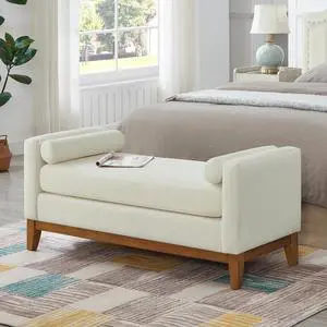 51" Bedroom Ottoman Bench with Rolled Pillows, Boucle Upholstered End of Bed Bench with Arms and Solid Wooden Foot, Comfort Padded Window Stool Entryway Footrest for Living Room, Apartment, Beige 51" Bedroom Ottoman Bench with Rolled Pillows, Boucle Upholstered End of Bed Bench with Arms and Solid Wooden Foot, Comfort Padded Window Stool Entryway Footrest for Living Room, Apartment, Beige