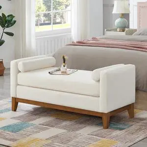 51" Bedroom Ottoman Bench with Rolled Pillows, Boucle Upholstered End of Bed Bench with Arms and Solid Wooden Foot, Comfort Padded Window Stool Entryway Footrest for Living Room, Apartment, Ivory 51" Bedroom Ottoman Bench with Rolled Pillows, Boucle Upholstered End of Bed Bench with Arms and Solid Wooden Foot, Comfort Padded Window Stool Entryway Footrest for Living Room, Apartment, Ivory