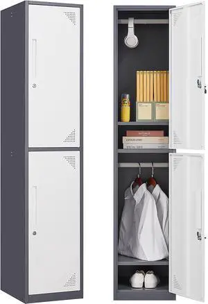 Metal Storage Locker, Metal Locker with 2 Doors, 71"" Tall Steel Storage Lockers for Employees, Locker Storage Cabinets Organizer for School, Gym, Home Office, Staff, White & Grey Metal Storage Locker, Metal Locker with 2 Doors, 71"" Tall Steel Storage Lockers for Employees, Locker Storage Cabinets Organizer for School, Gym, Home Office, Staff, White & Grey