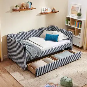 Twin Size Daybed Frame with 2 Storage Drawers, Linen Upholstered Bed with USB Charing Port, Cozy Wave Shaped Design Backrest, Corner Teens Bed for Boys, Girls and Adults, Navy Twin Size Daybed Frame with 2 Storage Drawers, Linen Upholstered Bed with USB Charing Port, Cozy Wave Shaped Design Backrest, Corner Teens Bed for Boys, Girls and Adults, Navy