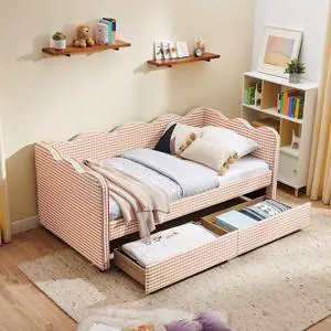 Twin Size Daybed Frame with 2 Storage Drawers, Linen Upholstered Bed with USB Charing Port, Cozy Wave Shaped Design Backrest, Corner Teens Bed for Boys, Girls and Adults, Pink Twin Size Daybed Frame with 2 Storage Drawers, Linen Upholstered Bed with USB Charing Port, Cozy Wave Shaped Design Backrest, Corner Teens Bed for Boys, Girls and Adults, Pink