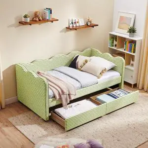 Twin Size Daybed Frame with 2 Storage Drawers, Linen Upholstered Bed with USB Charing Port, Cozy Wave Shaped Design Backrest, Corner Teens Bed for Boys, Girls and Adults, Green Twin Size Daybed Frame with 2 Storage Drawers, Linen Upholstered Bed with USB Charing Port, Cozy Wave Shaped Design Backrest, Corner Teens Bed for Boys, Girls and Adults, Green