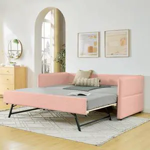 Boucle Upholstered Twin Daybed with Extendable Trundle Bed, Twin to King Daybed with Backrest and Armrest, Roll Out Trundle Bedframe, Corner Guest Bed for Teens Adults, Easy Assembly, Pink Boucle Upholstered Twin Daybed with Extendable Trundle Bed, Twin to King Daybed with Backrest and Armrest, Roll Out Trundle Bedframe, Corner Guest Bed for Teens Adults, Easy Assembly, Pink