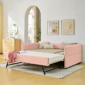 Boucle Upholstered Full Daybed with Extendable Trundle Bed, Full to Double Bedframe with Backrest and Armrest, Roll Out Trundle Daybed, Corner Guest Bed for Teens Adults, Easy Assembly, Pink Boucle Upholstered Full Daybed with Extendable Trundle Bed, Full to Double Bedframe with Backrest and Armrest, Roll Out Trundle Daybed, Corner Guest Bed for Teens Adults, Easy Assembly, Pink