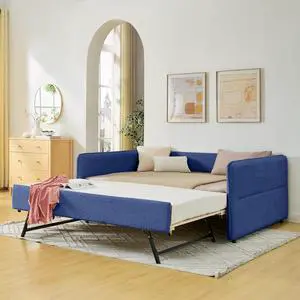 Boucle Upholstered Full Daybed with Extendable Trundle Bed, Full to Double Bedframe with Backrest and Armrest, Roll Out Trundle Daybed, Corner Guest Bed for Teens Adults, Easy Assembly, Blue Boucle Upholstered Full Daybed with Extendable Trundle Bed, Full to Double Bedframe with Backrest and Armrest, Roll Out Trundle Daybed, Corner Guest Bed for Teens Adults, Easy Assembly, Blue