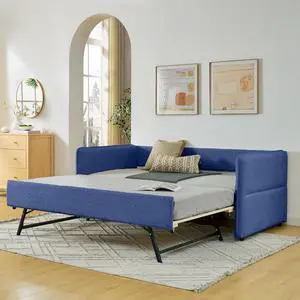 Boucle Upholstered Twin Daybed with Extendable Trundle Bed, Twin to King Daybed with Backrest and Armrest, Roll Out Trundle Bedframe, Corner Guest Bed for Teens Adults, Easy Assembly, Blue Boucle Upholstered Twin Daybed with Extendable Trundle Bed, Twin to King Daybed with Backrest and Armrest, Roll Out Trundle Bedframe, Corner Guest Bed for Teens Adults, Easy Assembly, Blue