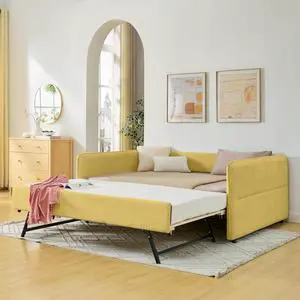 Boucle Upholstered Full Daybed with Extendable Trundle Bed, Full to Double Bedframe with Backrest and Armrest, Roll Out Trundle Daybed, Corner Guest Bed for Teens Adults, Easy Assembly, Yellow Boucle Upholstered Full Daybed with Extendable Trundle Bed, Full to Double Bedframe with Backrest and Armrest, Roll Out Trundle Daybed, Corner Guest Bed for Teens Adults, Easy Assembly, Yellow