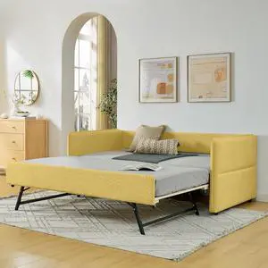 Boucle Upholstered Twin Daybed with Extendable Trundle Bed, Twin to King Daybed with Backrest and Armrest, Roll Out Trundle Bedframe, Corner Guest Bed for Teens Adults, Easy Assembly, Yellow Boucle Upholstered Twin Daybed with Extendable Trundle Bed, Twin to King Daybed with Backrest and Armrest, Roll Out Trundle Bedframe, Corner Guest Bed for Teens Adults, Easy Assembly, Yellow