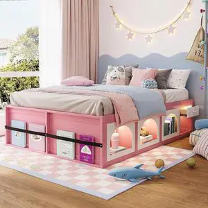 Queen Size Wooden Platform Bed with Display Cube, Floor Bedframe with Sling Bookshelf, LED Light and Storage Drawer, Stylish Teens Bed with Open Storage for Small Spaces, Pink+White Queen Size Wooden Platform Bed with Display Cube, Floor Bedframe with Sling Bookshelf, LED Light and Storage Drawer, Stylish Teens Bed with Open Storage for Small Spaces, Pink+White