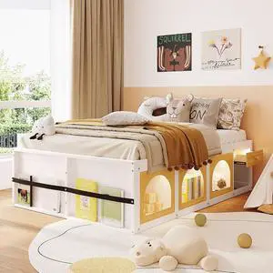 Full Size Wooden Platform Bed with Display Cube, Floor Bedframe with Sling Bookshelf, LED Light and Storage Drawer, Stylish Teens Bed with Open Storage for Small Spaces, White+Natural Full Size Wooden Platform Bed with Display Cube, Floor Bedframe with Sling Bookshelf, LED Light and Storage Drawer, Stylish Teens Bed with Open Storage for Small Spaces, White+Natural