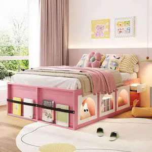 Full Size Wooden Platform Bed with Display Cube, Floor Bedframe with Sling Bookshelf, LED Light and Storage Drawer, Stylish Teens Bed with Open Storage for Small Spaces, Pink+White Full Size Wooden Platform Bed with Display Cube, Floor Bedframe with Sling Bookshelf, LED Light and Storage Drawer, Stylish Teens Bed with Open Storage for Small Spaces, Pink+White