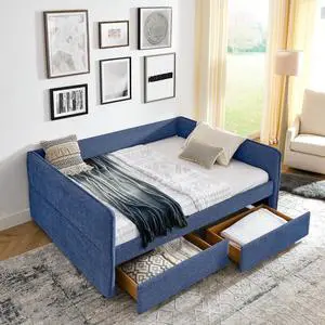 Boucle Upholstered Queen Daybed with Storage Drawers, Double Day Bed with Backrest and Armrest, Soft Tufted Corner Guest Bed for Teens Adults, Easy Assembly, Blue Boucle Upholstered Queen Daybed with Storage Drawers, Double Day Bed with Backrest and Armrest, Soft Tufted Corner Guest Bed for Teens Adults, Easy Assembly, Blue
