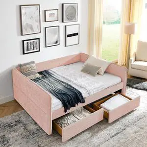 Boucle Upholstered Queen Daybed with Storage Drawers, Double Day Bed with Backrest and Armrest, Soft Tufted Corner Guest Bed for Teens Adults, Easy Assembly, Pink Boucle Upholstered Queen Daybed with Storage Drawers, Double Day Bed with Backrest and Armrest, Soft Tufted Corner Guest Bed for Teens Adults, Easy Assembly, Pink