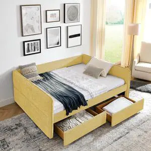 Boucle Upholstered Queen Daybed with Storage Drawers, Double Day Bed with Backrest and Armrest, Soft Tufted Corner Guest Bed for Teens Adults, Easy Assembly, Yellow Boucle Upholstered Queen Daybed with Storage Drawers, Double Day Bed with Backrest and Armrest, Soft Tufted Corner Guest Bed for Teens Adults, Easy Assembly, Yellow