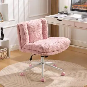 Armless Faux Fur Vanity Chair, 360° Swivel Office Chair with Wheels, Wide Seat Desk Chair with Low Back and Metal Base, Adjustable Height Rolling Stool for Home Office, Meditation & Makeup, Pink Armless Faux Fur Vanity Chair, 360° Swivel Office Chair with Wheels, Wide Seat Desk Chair with Low Back and Metal Base, Adjustable Height Rolling Stool for Home Office, Meditation & Makeup, Pink