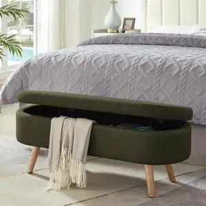 Boucle Upholstered Storage Bench with Wood Legs, 42.25" Oval Shaped End of Bed Bench with Safety Hinge, 350lb Weight Capacity, Luxury Ottoman Foot Stool for Living Room, Bedroom Entryway, Dark Green Boucle Upholstered Storage Bench with Wood Legs, 42.25" Oval Shaped End of Bed Bench with Safety Hinge, 350lb Weight Capacity, Luxury Ottoman Foot Stool for Living Room, Bedroom Entryway, Dark Green