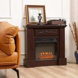 Electric Fireplace with Mantel, Mantel Surround with 18" Fireplace Insert, Electric Fireplace Stove with Adjustable Thermostat, Decorative Fireplace Heater with Adjustable Flame Effect, Brown Electric Fireplace with Mantel, Mantel Surround with 18" Fireplace Insert, Electric Fireplace Stove with Adjustable Thermostat, Decorative Fireplace Heater with Adjustable Flame Effect, Brown