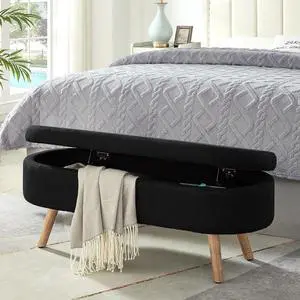 Boucle Upholstered Storage Bench with Wood Legs, 42.25" Oval Shaped End of Bed Bench with Safety Hinge, 350lb Weight Capacity, Luxury Ottoman Foot Stool for Living Room, Bedroom Entryway, Black Boucle Upholstered Storage Bench with Wood Legs, 42.25" Oval Shaped End of Bed Bench with Safety Hinge, 350lb Weight Capacity, Luxury Ottoman Foot Stool for Living Room, Bedroom Entryway, Black