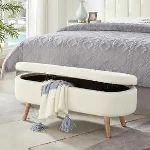 Boucle Upholstered Storage Bench with Wood Legs, 42.25" Oval Shaped End of Bed Bench with Safety Hinge, 350lb Weight Capacity, Luxury Ottoman Foot Stool for Living Room, Bedroom Entryway, Ivory Boucle Upholstered Storage Bench with Wood Legs, 42.25" Oval Shaped End of Bed Bench with Safety Hinge, 350lb Weight Capacity, Luxury Ottoman Foot Stool for Living Room, Bedroom Entryway, Ivory