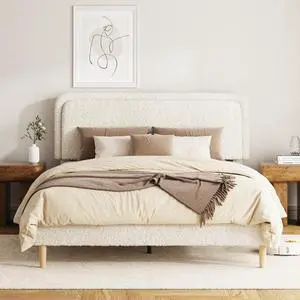Queen Size Platform Bed Frame with Height Adjustable Headboard, Boucle Upholstered Bed Frame with Solid Wooden Legs, Double Bedframe with Underbed Space, No Box Spring Needed, Easy to Assemble, Beige Queen Size Platform Bed Frame with Height Adjustable Headboard, Boucle Upholstered Bed Frame with Solid Wooden Legs, Double Bedframe with Underbed Space, No Box Spring Needed, Easy to Assemble, Beige
