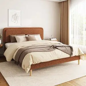 King Size Platform Bed Frame with Height Adjustable Headboard, Boucle Upholstered Bed Frame with Solid Wooden Legs, Double Bedframe with Underbed Space, No Box Spring Needed, Easy to Assemble, Brown King Size Platform Bed Frame with Height Adjustable Headboard, Boucle Upholstered Bed Frame with Solid Wooden Legs, Double Bedframe with Underbed Space, No Box Spring Needed, Easy to Assemble, Brown