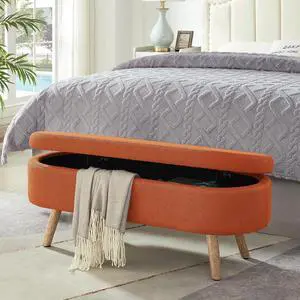 Boucle Upholstered Storage Bench with Wood Legs, 42.25" Oval Shaped End of Bed Bench with Safety Hinge, 350lb Weight Capacity, Luxury Ottoman Foot Stool for Living Room, Bedroom Entryway, Orange Boucle Upholstered Storage Bench with Wood Legs, 42.25" Oval Shaped End of Bed Bench with Safety Hinge, 350lb Weight Capacity, Luxury Ottoman Foot Stool for Living Room, Bedroom Entryway, Orange