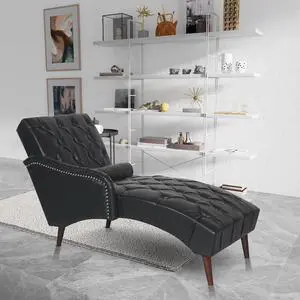 Chaise Sofa Chair Indoor with Pillow and Solid Wood Legs, Soft PU Upholstered Armchair with Tufted Back, Leisure Couch Accent Reading Chair for Living Room, Bedroom, Black Chaise Sofa Chair Indoor with Pillow and Solid Wood Legs, Soft PU Upholstered Armchair with Tufted Back, Leisure Couch Accent Reading Chair for Living Room, Bedroom, Black