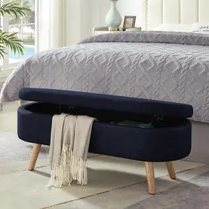Boucle Upholstered Storage Bench with Wood Legs, 42.25" Oval Shaped End of Bed Bench with Safety Hinge, 350lb Weight Capacity, Luxury Ottoman Foot Stool for Living Room, Bedroom Entryway, Navy Blue Boucle Upholstered Storage Bench with Wood Legs, 42.25" Oval Shaped End of Bed Bench with Safety Hinge, 350lb Weight Capacity, Luxury Ottoman Foot Stool for Living Room, Bedroom Entryway, Navy Blue